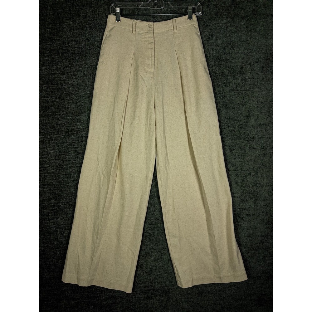 Commense Wide Leg Pleated Trousers Womens XS Beige Linen Blend High Rise Dress P